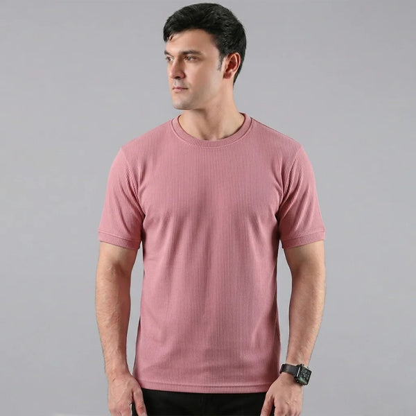 Pink Ribbed Crew Neck T shirt.