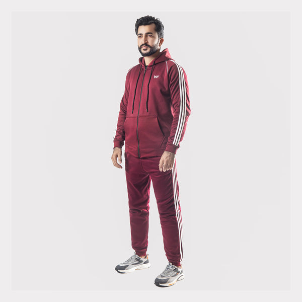 Maroon Tracksuit With Three White Stripes
