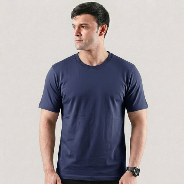 Navy Plain Lycra Cotton Tshirt