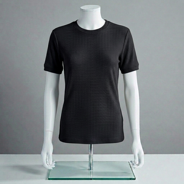 Black Ribbed Crew Neck T Shirt