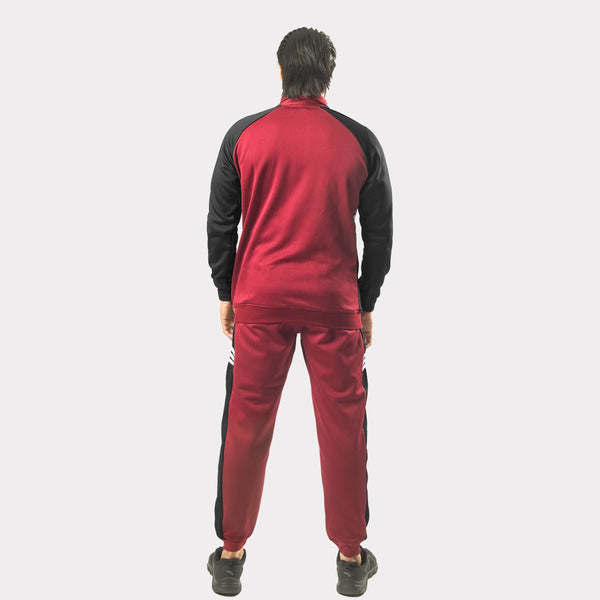 Maroon and Black Tracksuit With Three White Stripes