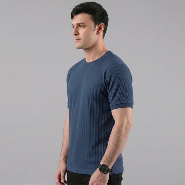 Navy Blue Ribbed Crew Neck T shirt