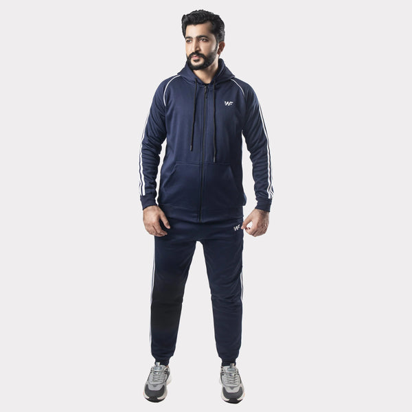 Navy Blue Tracksuit With Three White Stripes