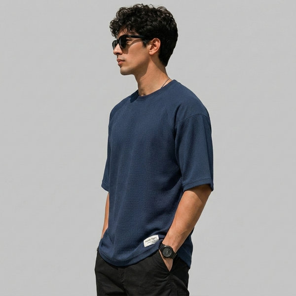 Navy Blue Boxy Fit Pique Interlock Shirt