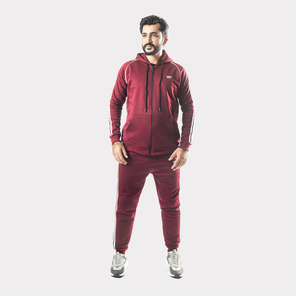 Maroon Tracksuit With Three White Stripes