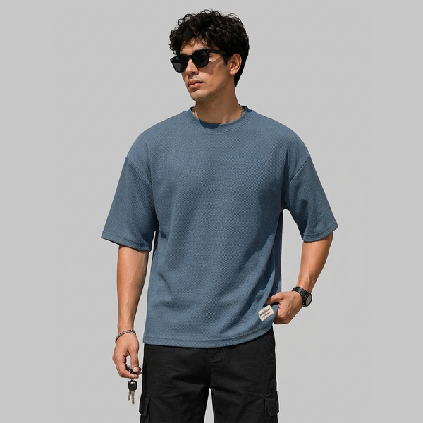 Steel Blue Boxy Fit Pique Interlock Shirt