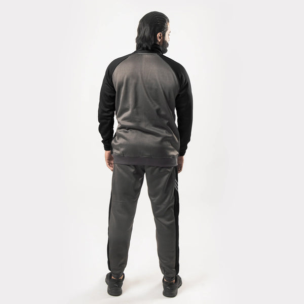 Charcoal and Black Tracksuit With Three White Stripes
