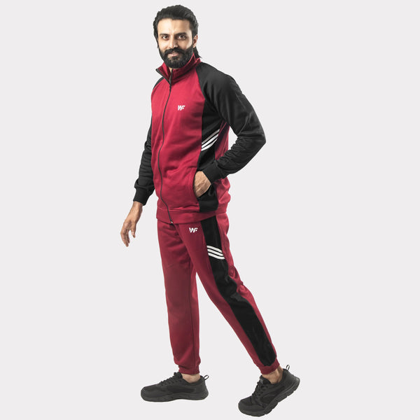 Maroon and Black Tracksuit With Three White Stripes