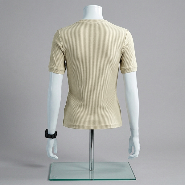 Beige Ribbed Crew Neck T Shirt