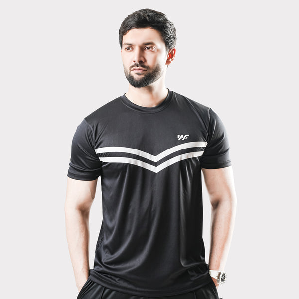 Black Quick Dry T-Shirt with Front white Stripes