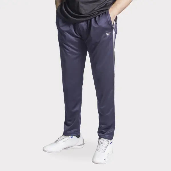 Navy Blue Interlock Quick Dry Bottoms With Two White Stripes