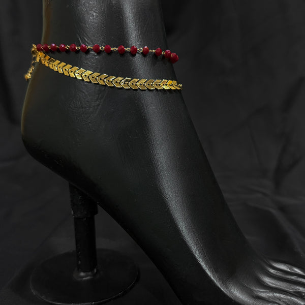 Gold-Toned Chain Anklet With Red Beads