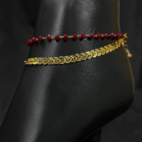 Gold-Toned Chain Anklet With Red Beads