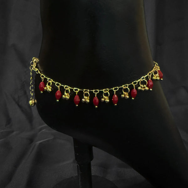 Red Beads Anklet With Gold Dangles