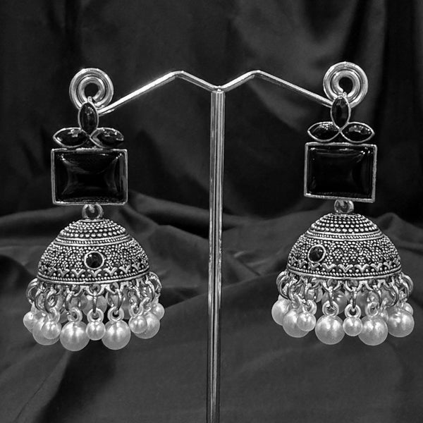Silver Jhumka Earrings With Black Stone