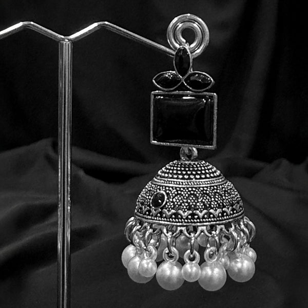 Silver Jhumka Earrings With Black Stone