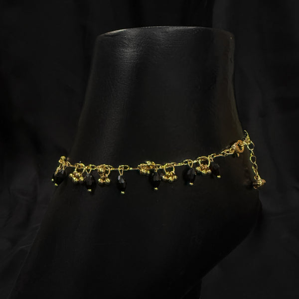 Black Beads Anklet with Gold Dangles