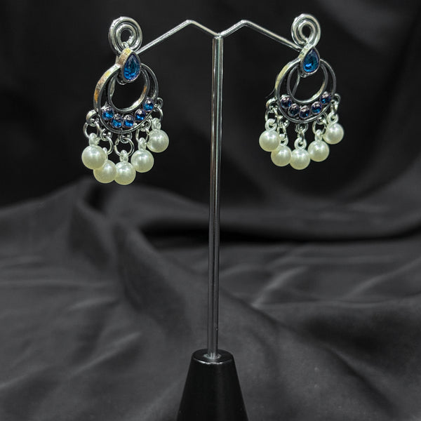 Silver plated Earrings With Blue & white pearls.