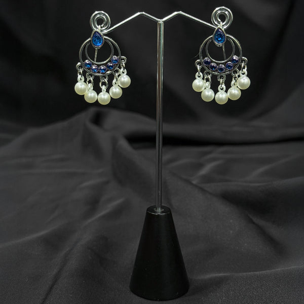 Silver plated Earrings With Blue & white pearls.