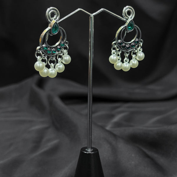 Silver plated Earrings With Green & white pearls