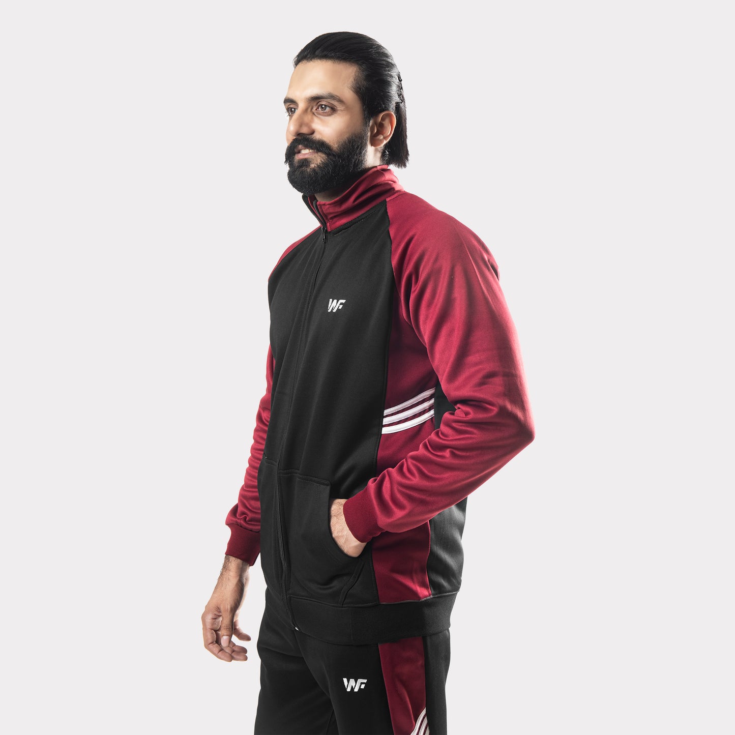 Black and Maroon Tracksuit With Three White Stripes