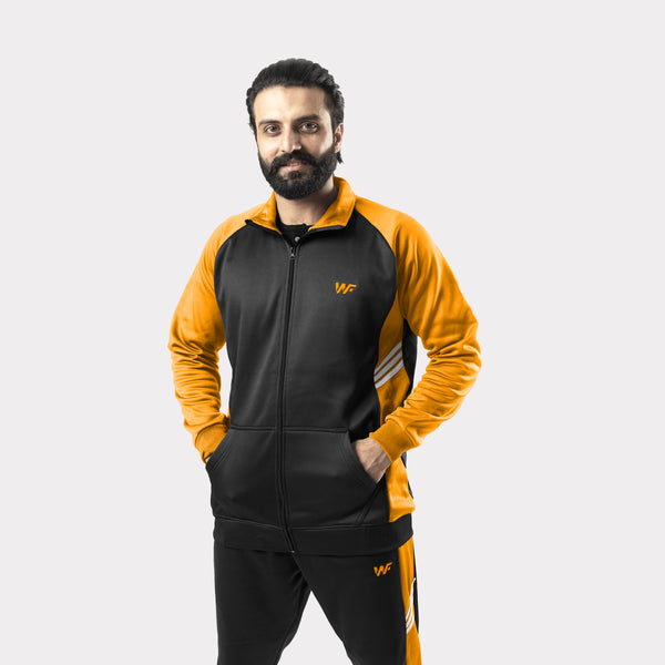 Mustard and Black Tracksuit With Three White Stripes
