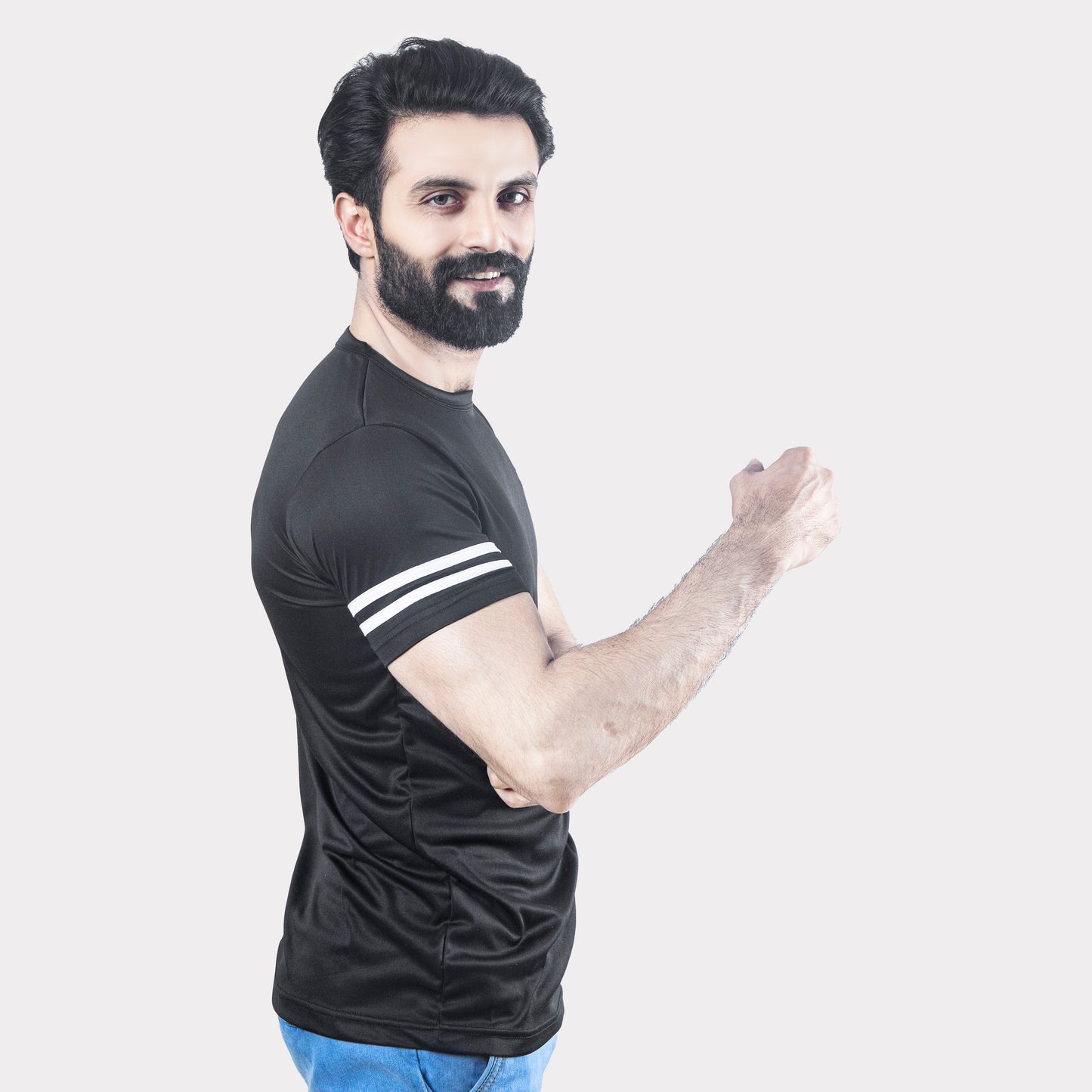 Black Quick Dry T-Shirt with White Dual Arm Stripes