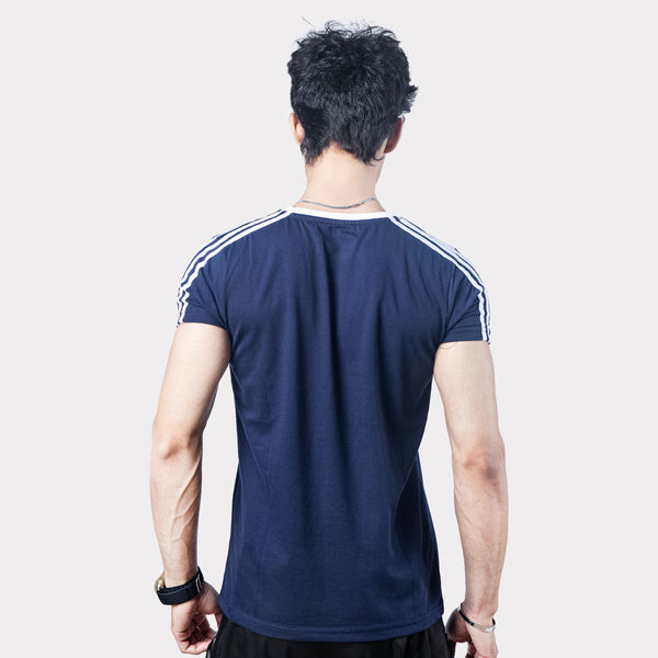 Navy Cotton T-Shirt with White Shoulder Stripes