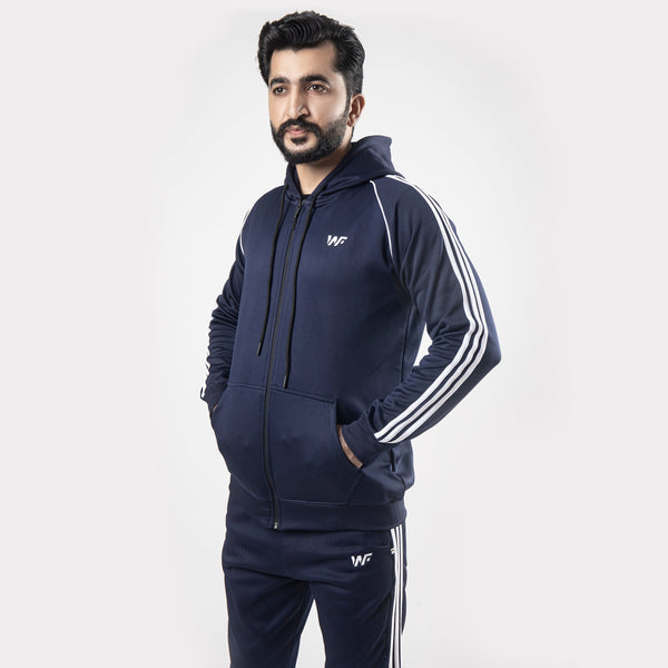 Navy Blue Tracksuit With Three White Stripes