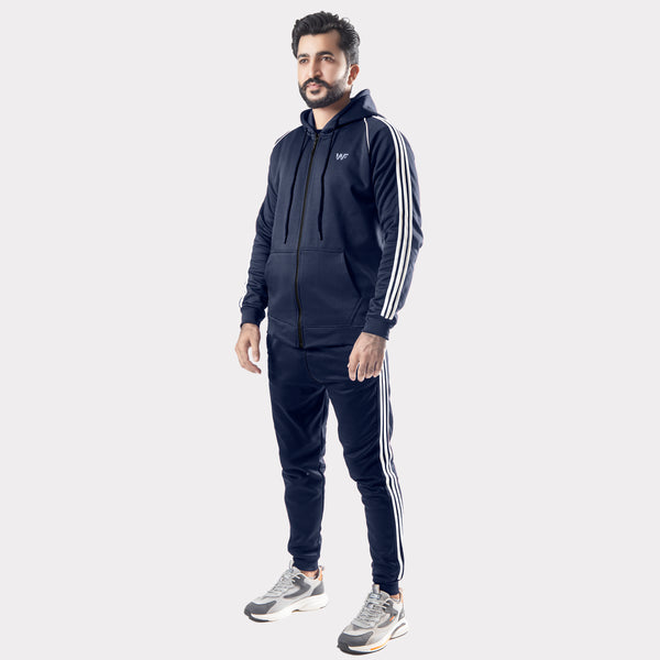 Navy Blue Tracksuit With Three White Stripes