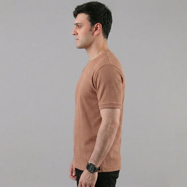 Brown Ribbed Crew Neck T shirt