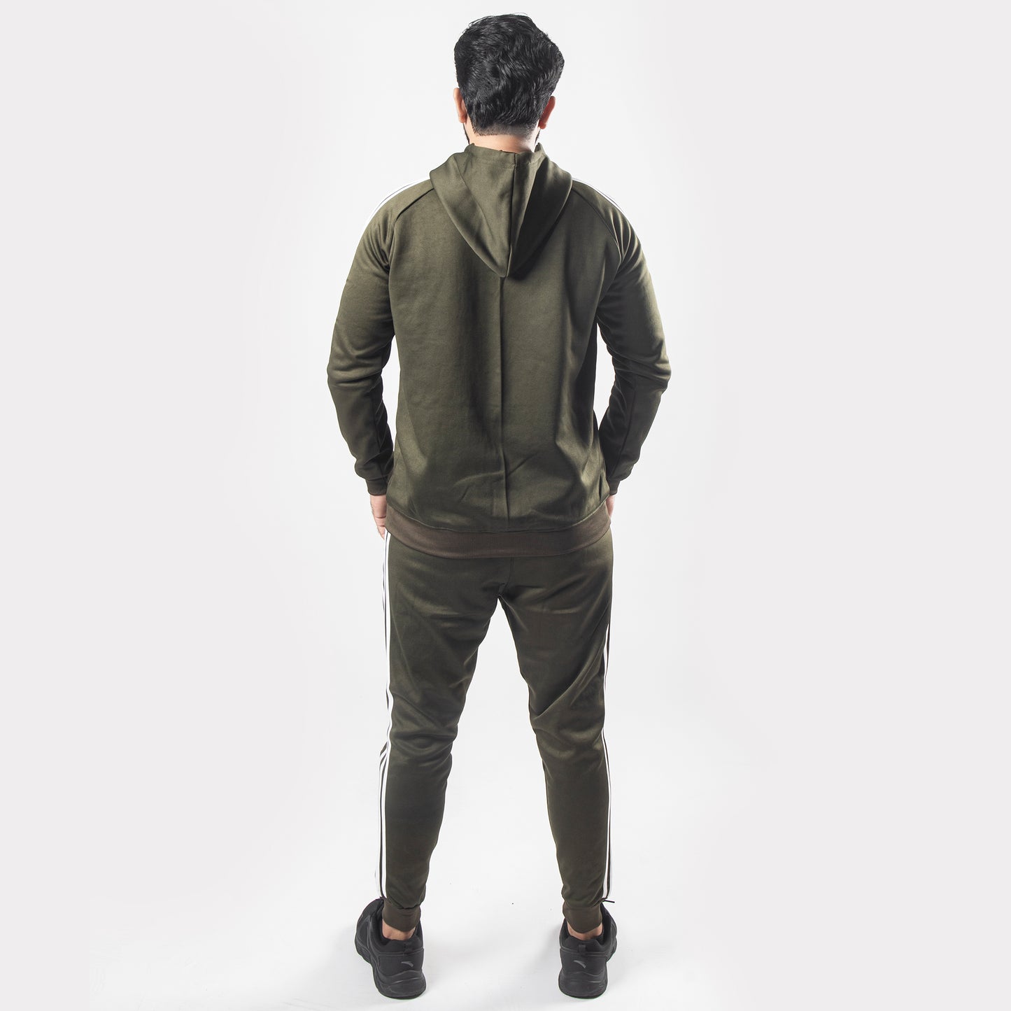 Olive Green Tracksuit With Three White Stripes