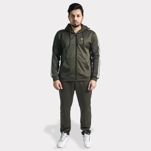 Olive Green Tracksuit with Two White Stripes