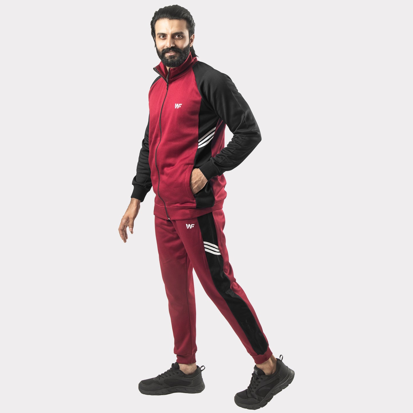 Maroon and Black Tracksuit With Three White Stripes
