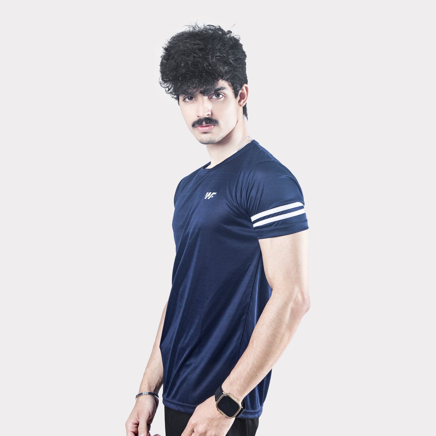Navy Quick Dry T-Shirt with White Dual Arm Stripes