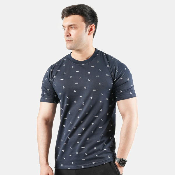 Navy Blue Printed Round Neck Tshirt