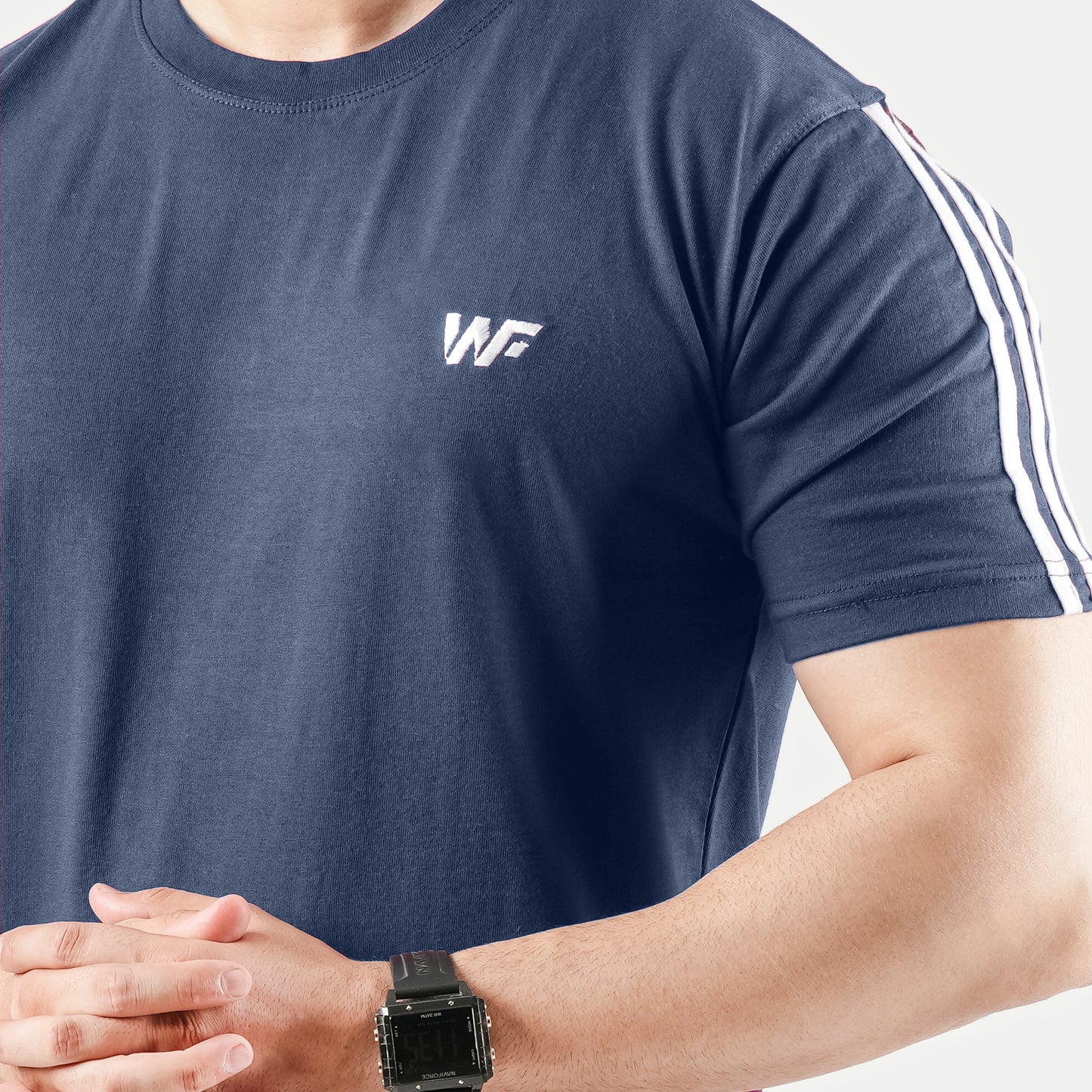 Plain Navy Blue Cotton Tshirt with Arm Stripes