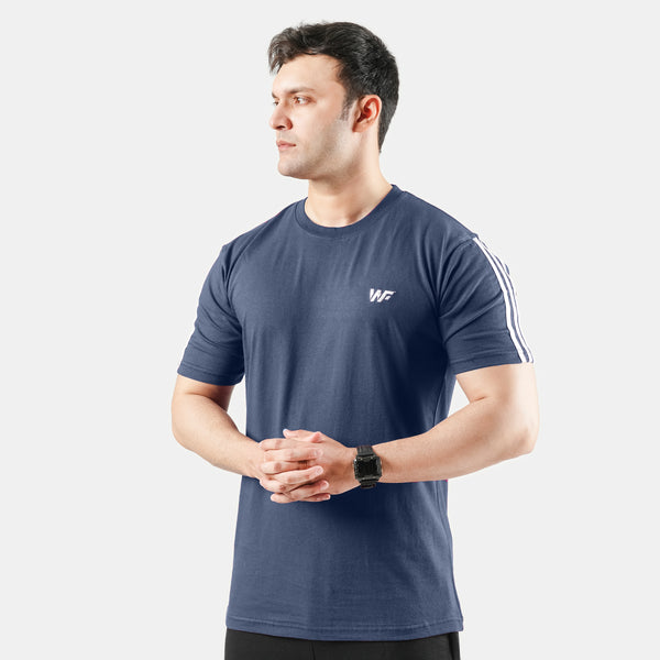 Plain Navy Blue Cotton Tshirt with Arm Stripes