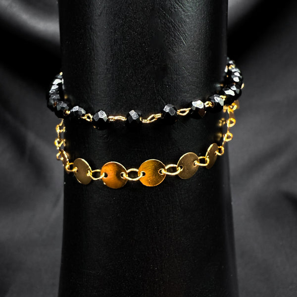 Gold double change anklet with black beads