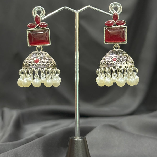 Silver Jhumka Earrings With Stone & Beads