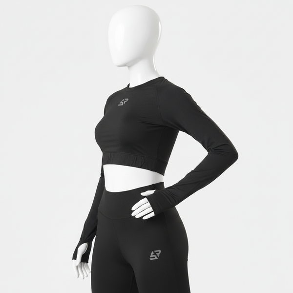 black long-sleeve crop top