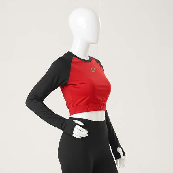 Red Raglan with black Sleeve Cropped Top
