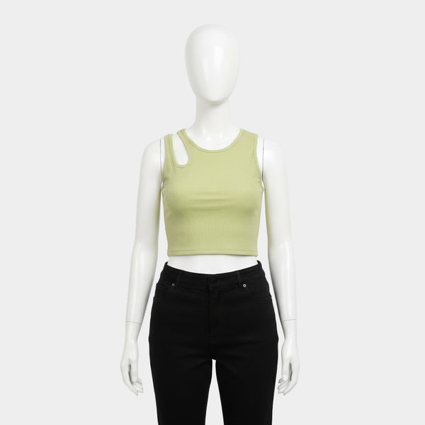 Beige Ribbed Cut-Out Crop Top