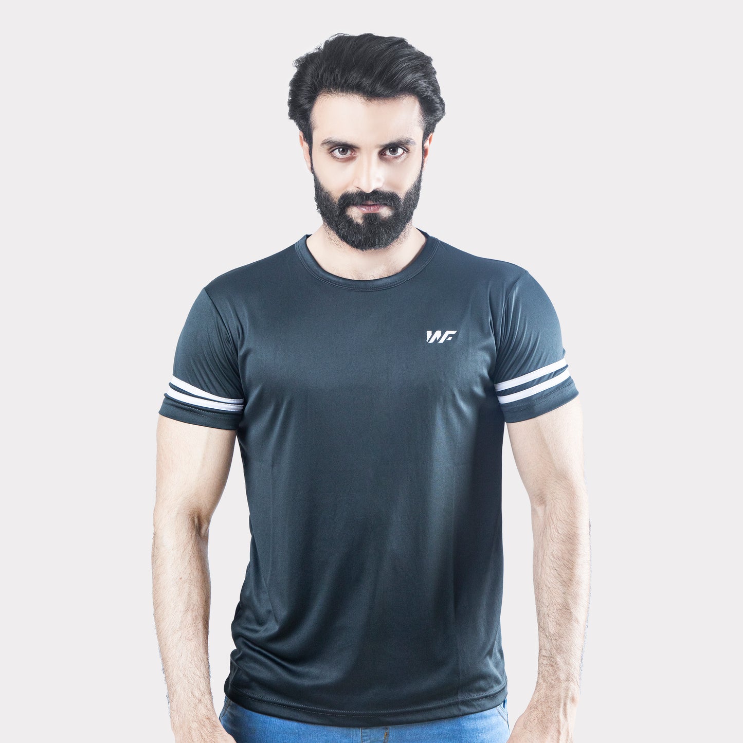 Smoky Gray Quick Dry T-Shirt with White Dual Arm Stripes