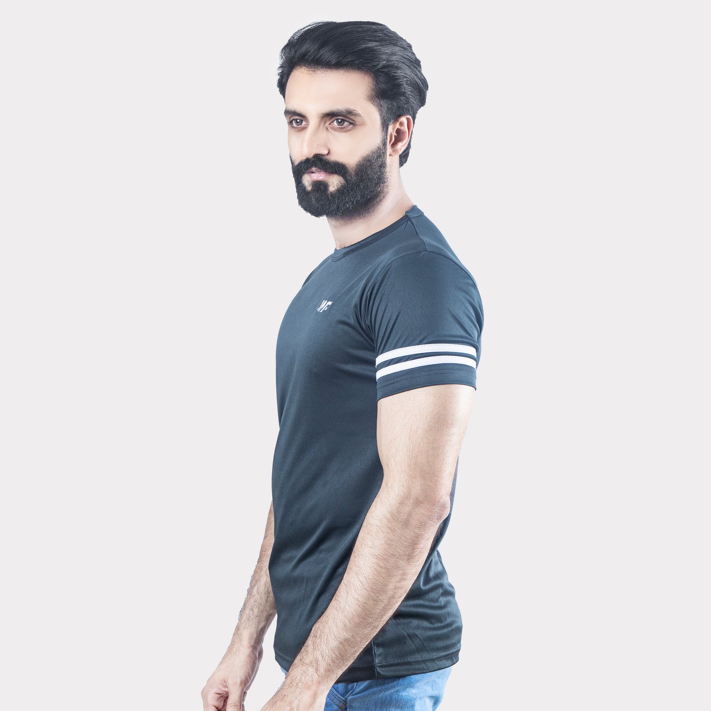 Smoky Gray Quick Dry T-Shirt with White Dual Arm Stripes