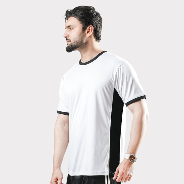 White Round Neck T-Shirt with Black Side Panel