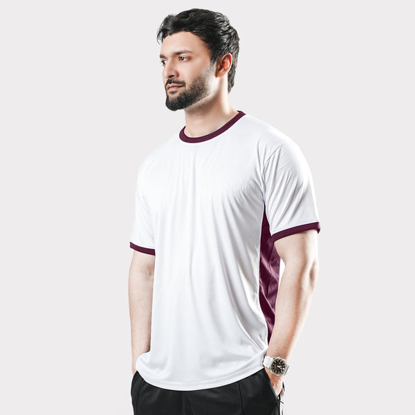 White Round Neck T-Shirt with Maroon Side Panel