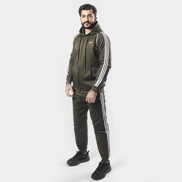 Olive Green Tracksuit With Three White Stripes