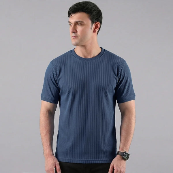 Navy Blue Ribbed Crew Neck T shirt