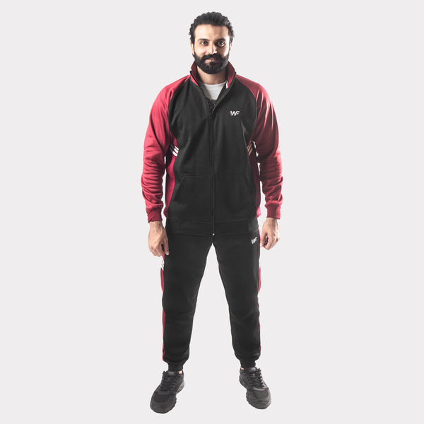 Black and Maroon Tracksuit With Three White Stripes
